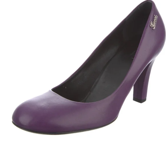 Gucci Purple Genuine Leather Round Toe Side Logo Shoes Pumps Heels - Picture 3 of 16